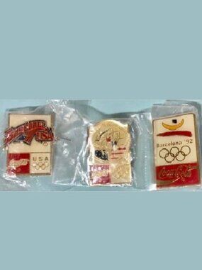 (3) 1992 USA Olympic Pins,Coca Cola Sponsor Baseball,Gymnastics & Barcelona Logo